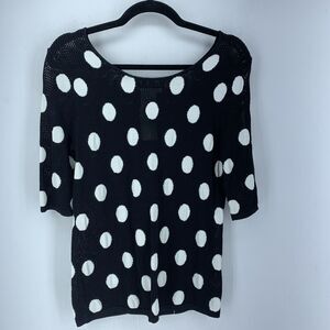 J.A.C. Womens Large Pullover Sweater Black‎ White Polka Dot Open Knit Beach
